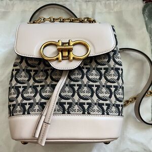 Salvatore Ferragamo Logo Cream and Black Mini Backpack with Gold Accents Straps